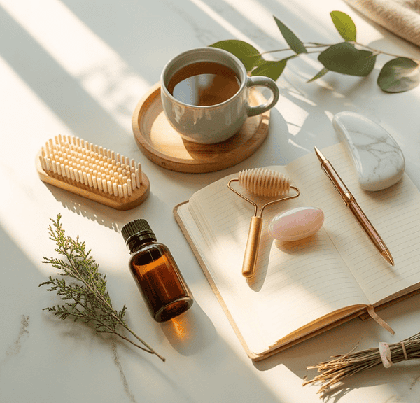 A flat lay of self-care items—including a cup of tea, open notebook, pens, jade roller, serum bottle, and more—captures healthy daily routines on a sunlit surface with lavender, honey, and a cozy blanket for added comfort.