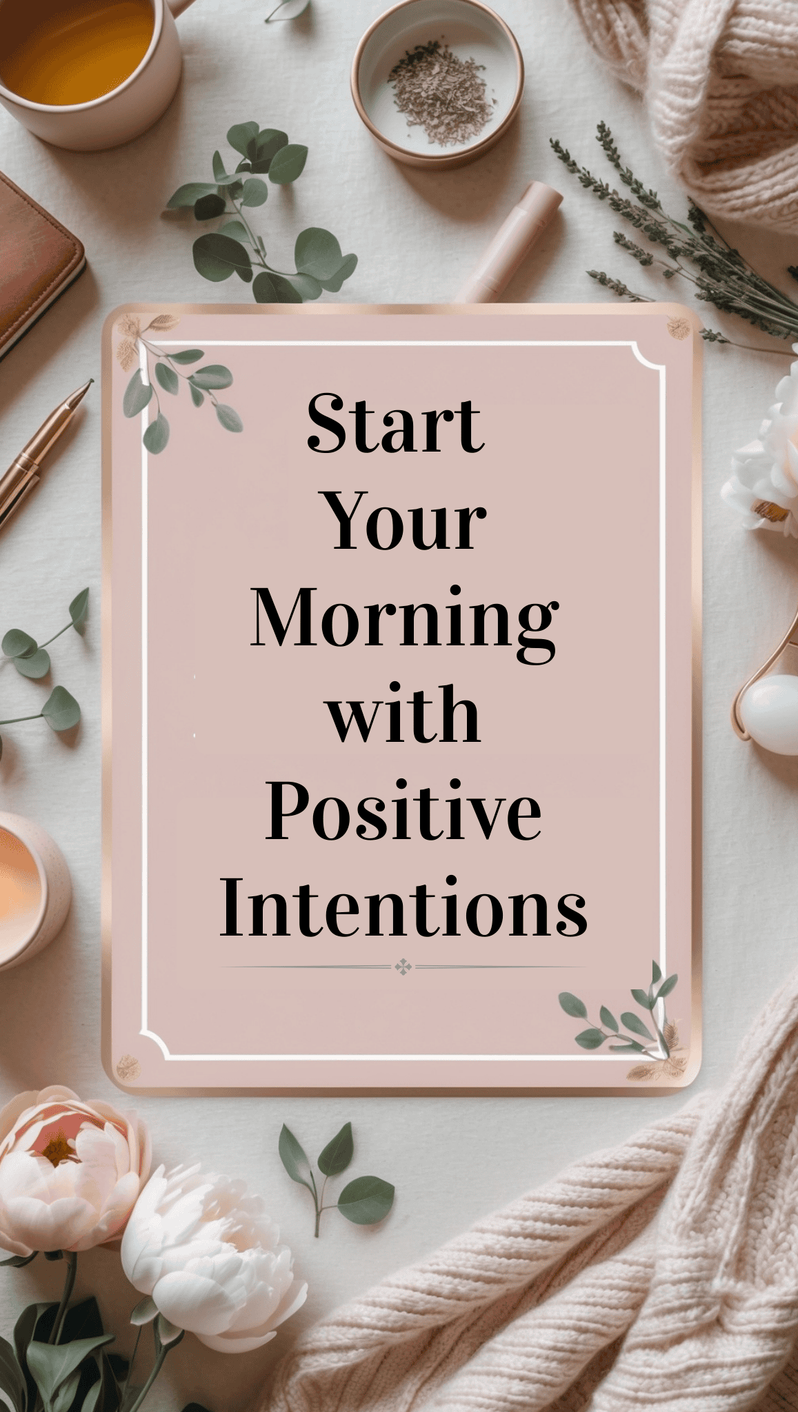A flat lay of a pink clipboard with the text Start Your Morning with Positive Intentions, surrounded by flowers, a cup of coffee, a notebook, pen, and cozy beige blanket—perfect for inspiring self-care and a positive mindset.