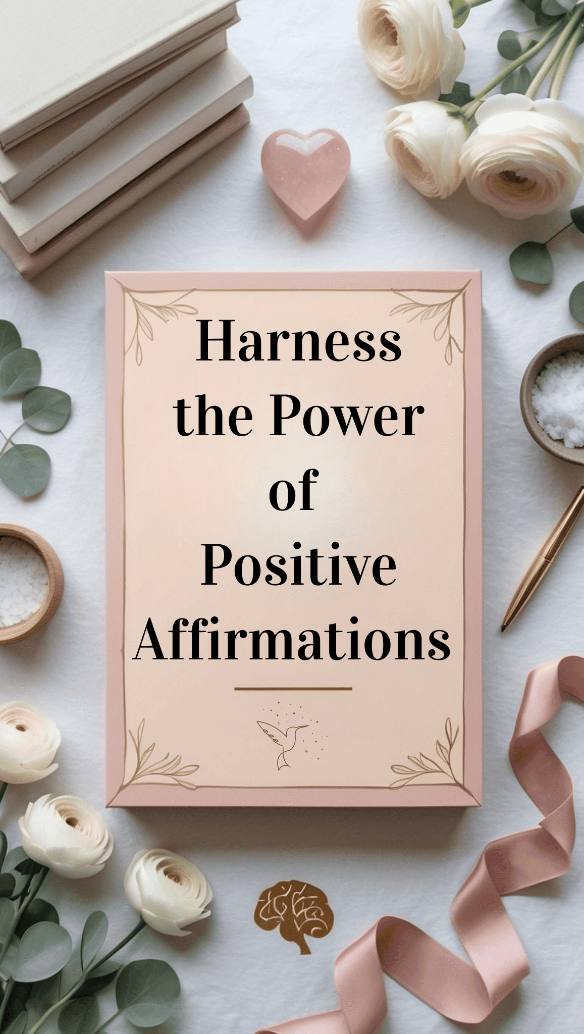 A pink journal with the text Harness the Power of Positive Affirmations lies on a table surrounded by white flowers, a pink ribbon, a heart-shaped stone, small bowls, a pen, and stacked books—perfect for fostering self-care and a positive mindset.