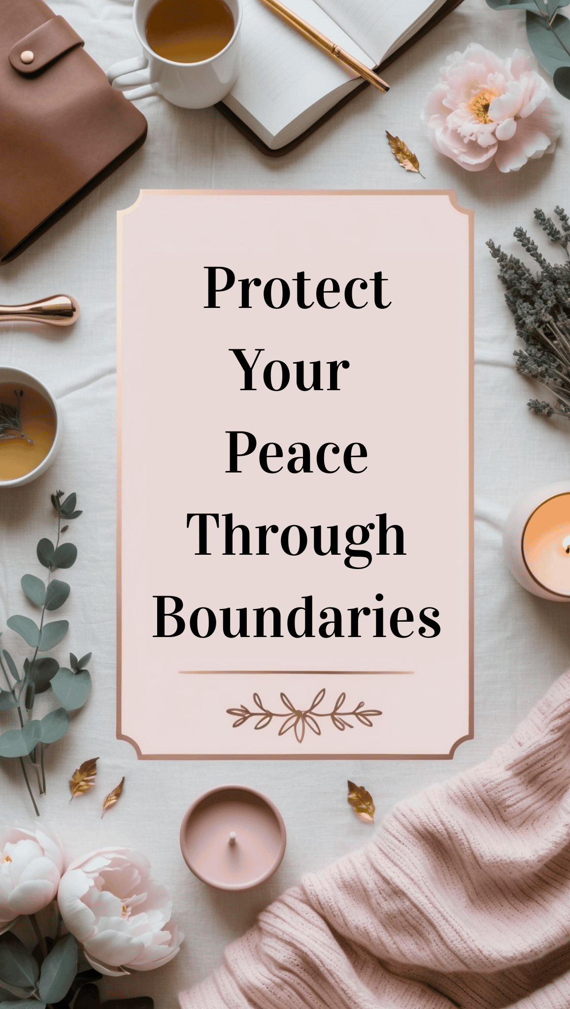 A flat lay of a cozy workspace with tea, flowers, candles, and a notebook promotes self-care and a positive mindset, featuring a sign in the center that reads, “Protect Your Peace Through Boundaries.”.