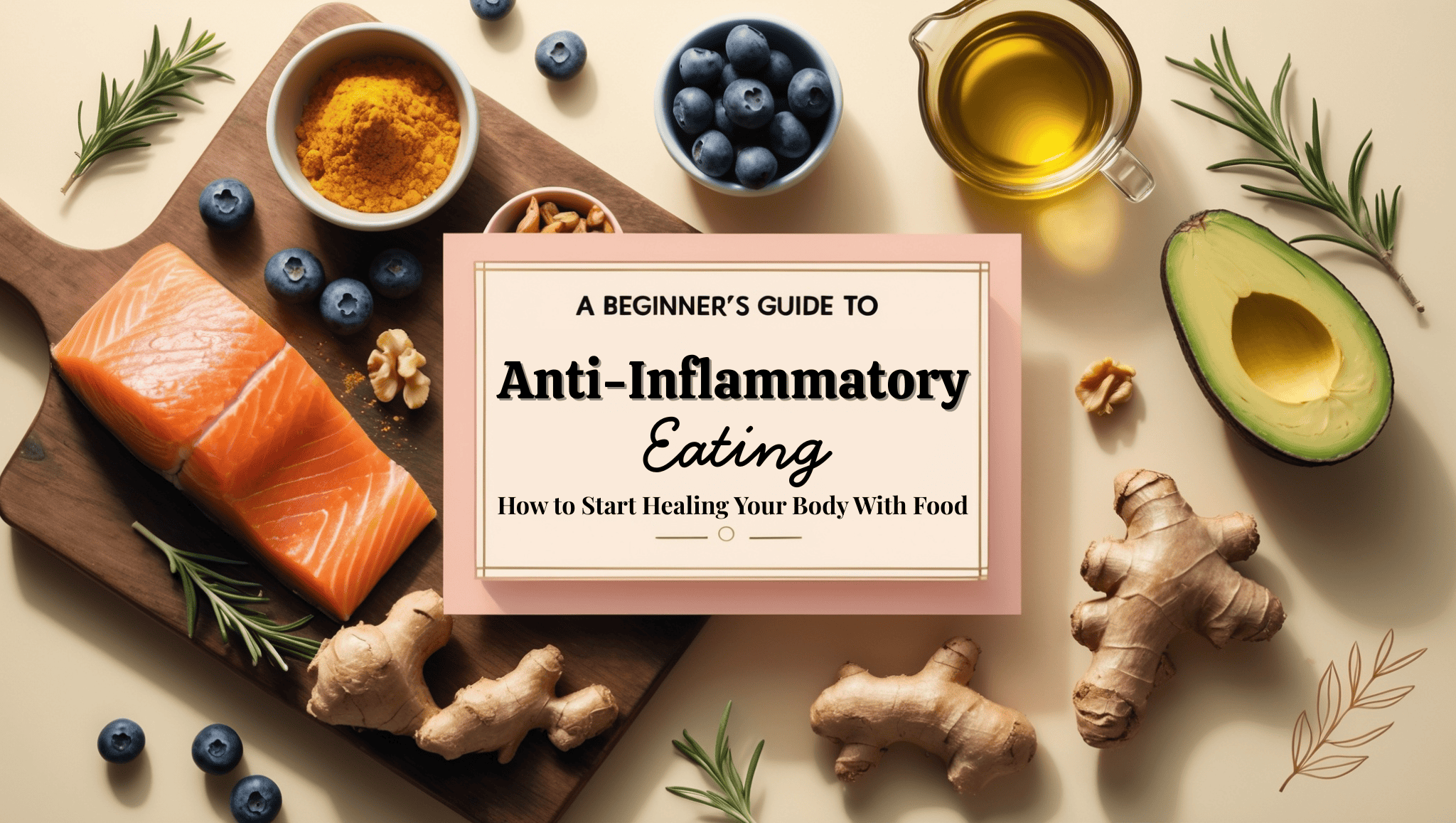 A wooden board displays salmon, blueberries, ginger, avocado, nuts, oil, and herbs around a sign: A Beginner’s Guide to Anti-Inflammatory Eating—how to start healing your body through nourishing foods.