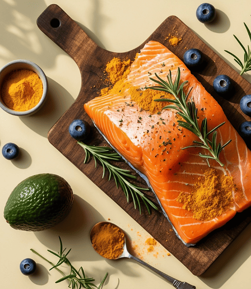 A raw salmon fillet on a wooden board, topped with rosemary and turmeric, surrounded by blueberries, walnuts, avocado, ginger, and olive oil—a delicious display of Anti-Inflammatory Eating set on a beige surface.