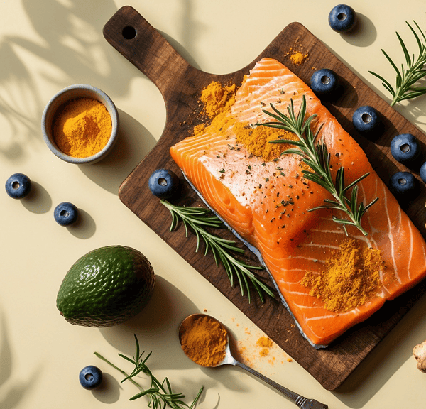 A raw salmon fillet on a wooden board, topped with rosemary and turmeric, surrounded by blueberries, walnuts, avocado, ginger, and olive oil—a delicious display of Anti-Inflammatory Eating set on a beige surface.