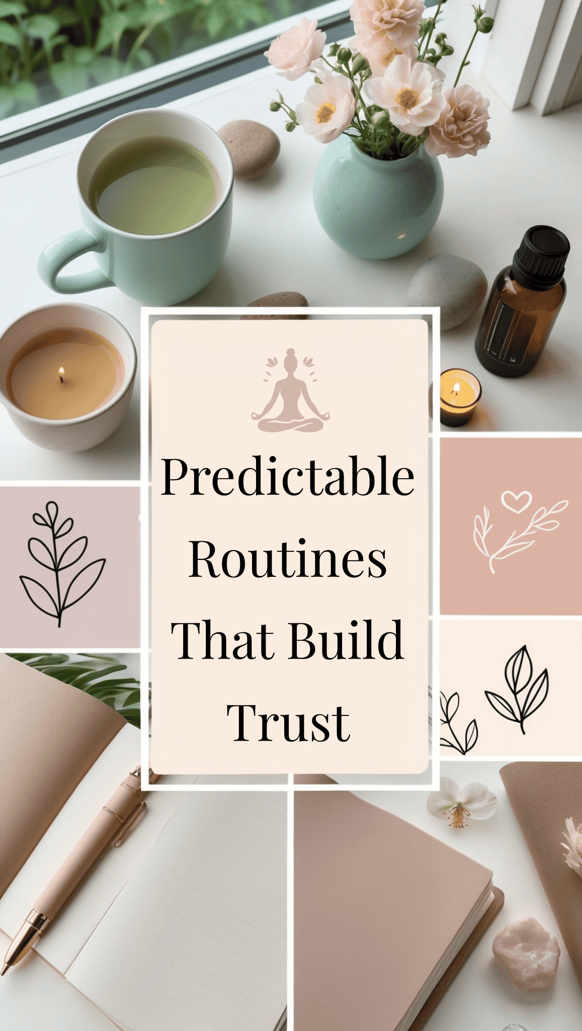 A collage features calming items like tea, flowers, candles, a notebook, and essential oil with text in the center reading “Predictable Routines That Self-Soothe as an Adult” in soft neutral tones.