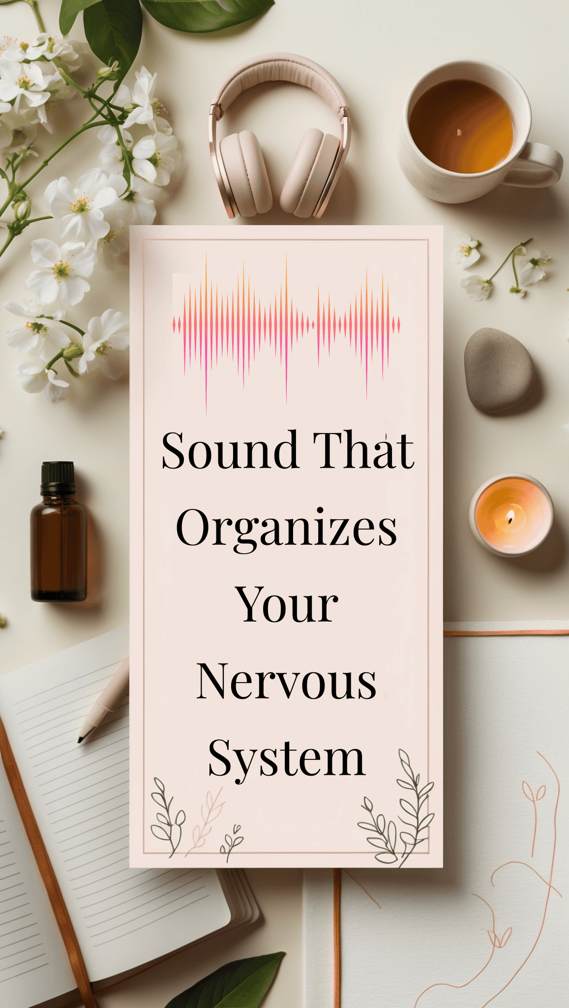 A flat lay features headphones, tea, a candle, a notebook, a pen, white flowers, and a dropper bottle beside a card that reads Sound That Organizes Your Nervous System—perfect for learning how to self-soothe as an adult.