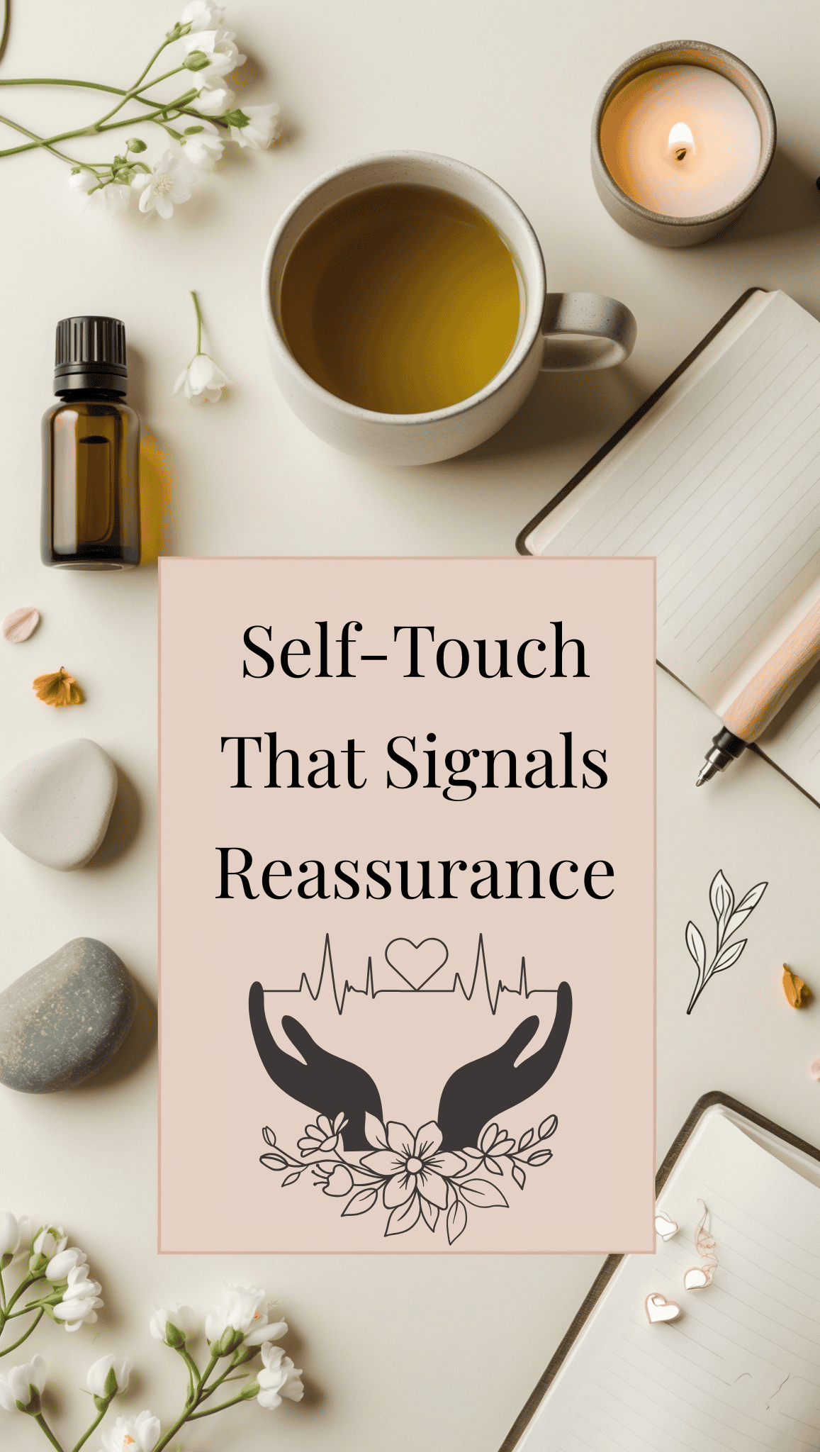 A flat lay features a cup of tea, notebook, pen, candle, essential oil, stones, and flowers encircling a card titled Self-Touch That Signals Reassurance—an inviting reminder to self-soothe as an adult and support the nervous system.