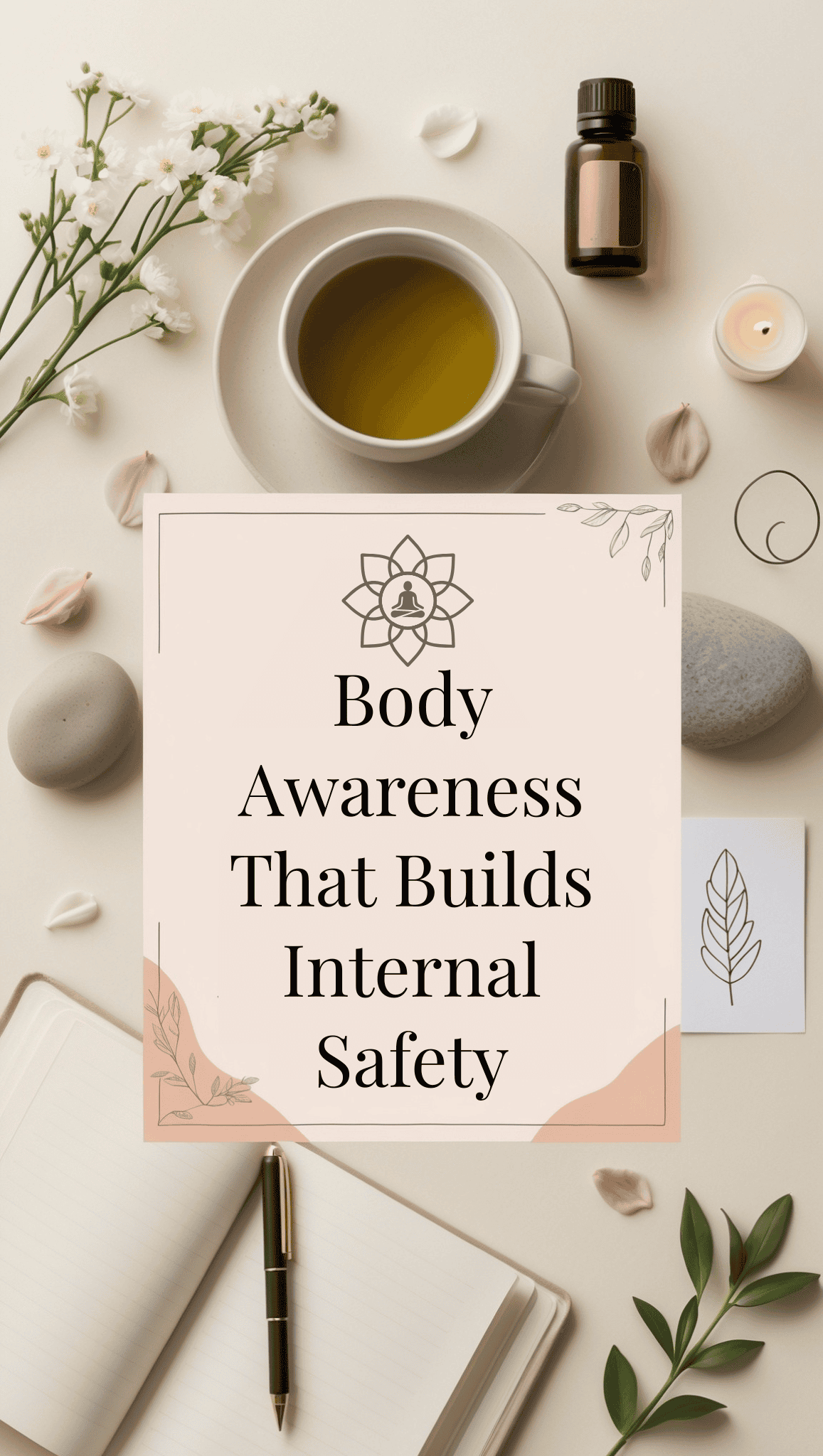 Flat-lay of a spa scene with flowers, tea, candle, notebook, pen, and dropper bottle. Centered text reads, Body Awareness That Builds Internal Safety—nurture your nervous system and discover how to self-soothe as an adult.