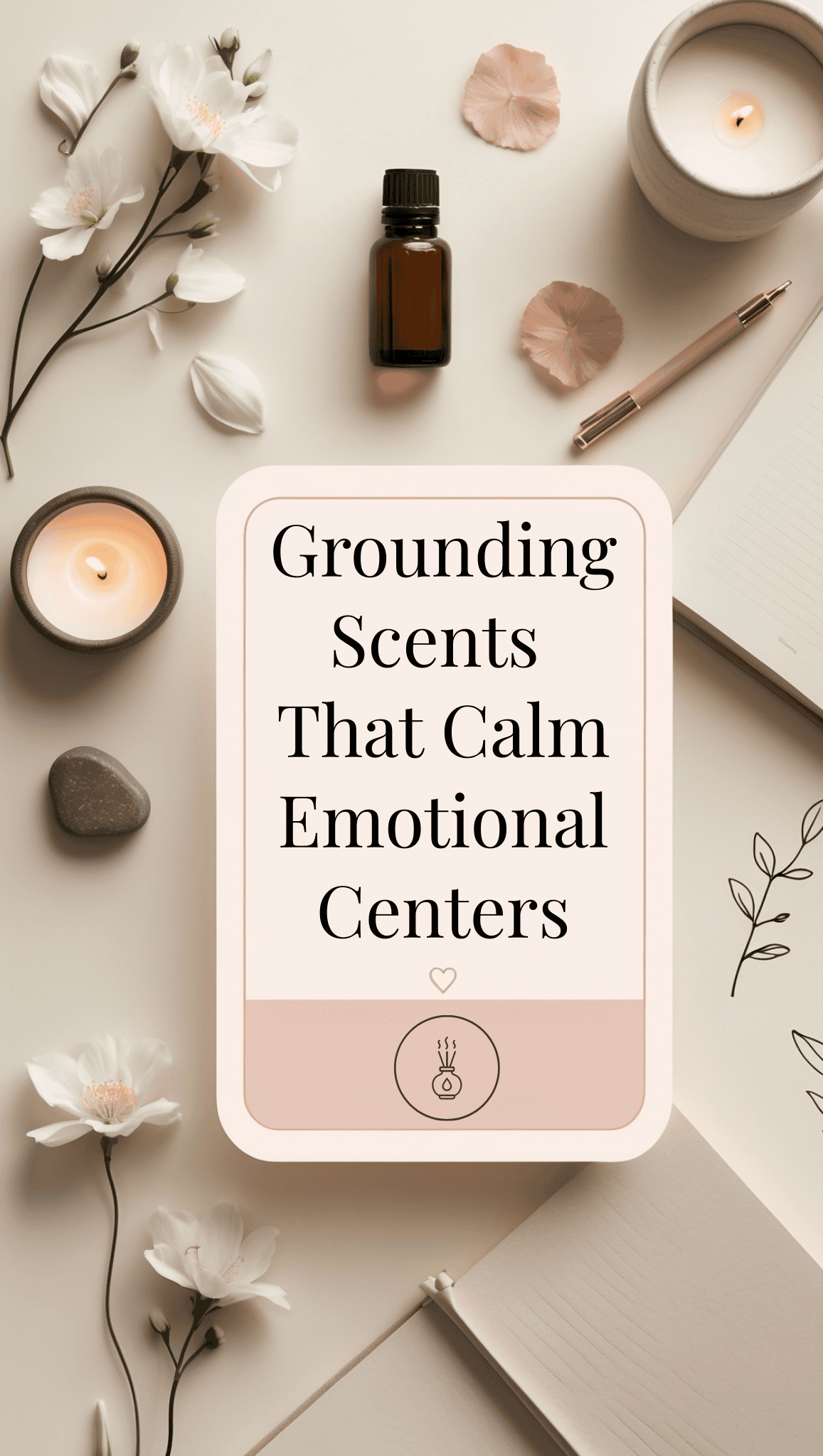 A flat lay of candles, flowers, a brown glass bottle, a pen, stones, and a card that reads "Grounding Scents That Calm Emotional Centers" on a beige surface. The scene feels calm and soothing—perfect for learning how to self-soothe as an adult.