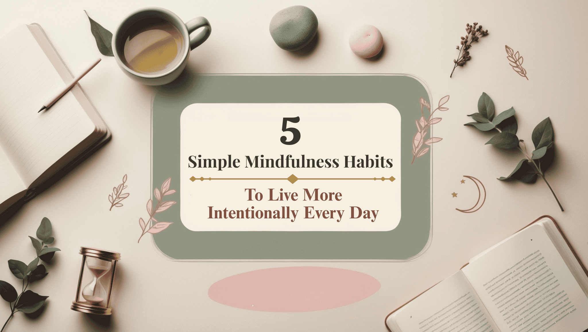 A flat lay of a notebook, tea cup, hourglass, and leaves surrounds a sign reading 5 Simple Mindfulness Habits To Live More Intentionally Every Day on a light, neutral background.