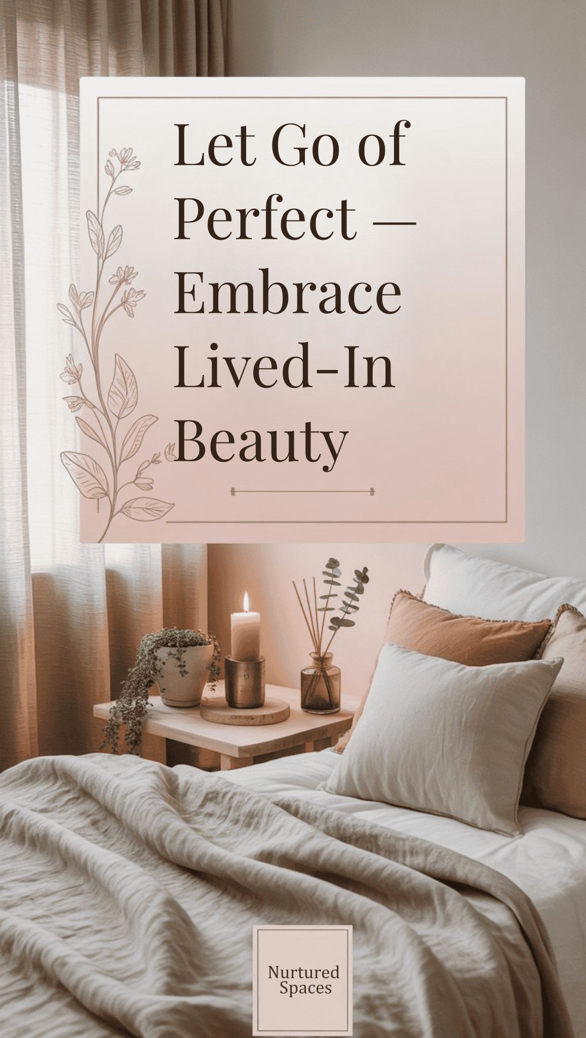 A cozy bedroom with neutral bedding, soft pillows, a lit candle, and a potted plant on a wooden nightstand offers Home Sanctuary Ideas. Text overlay reads: Let Go of Perfect — Embrace Lived-In Beauty. Logo at bottom says Nurtured Spaces.