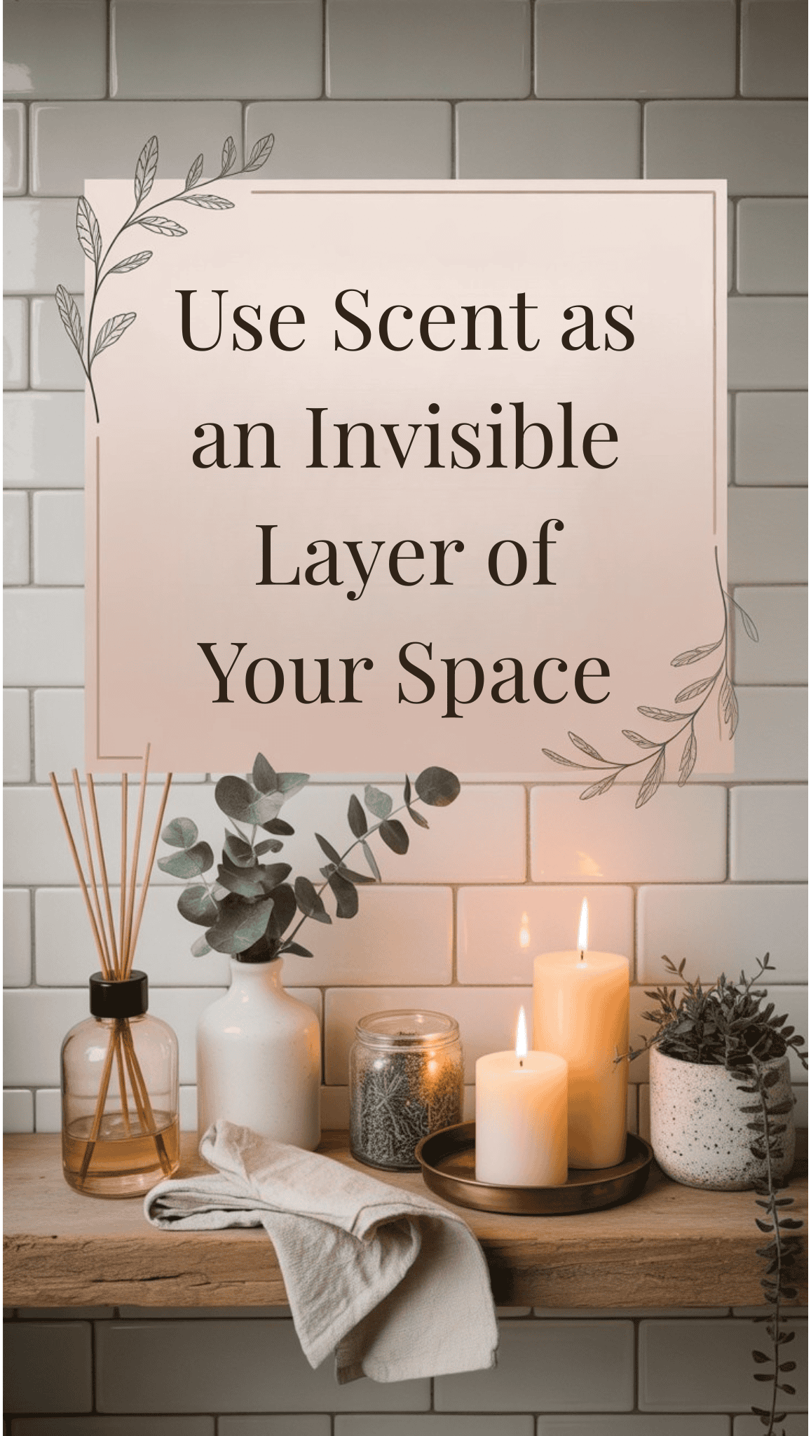 A cozy shelf with candles, glass jars, greenery, and a towel is set against a white tiled wall. A sign reads, Use Scent as an Invisible Layer of Your Space—perfect for those seeking Home Sanctuary Ideas with a touch of decorative leaves in the corners.