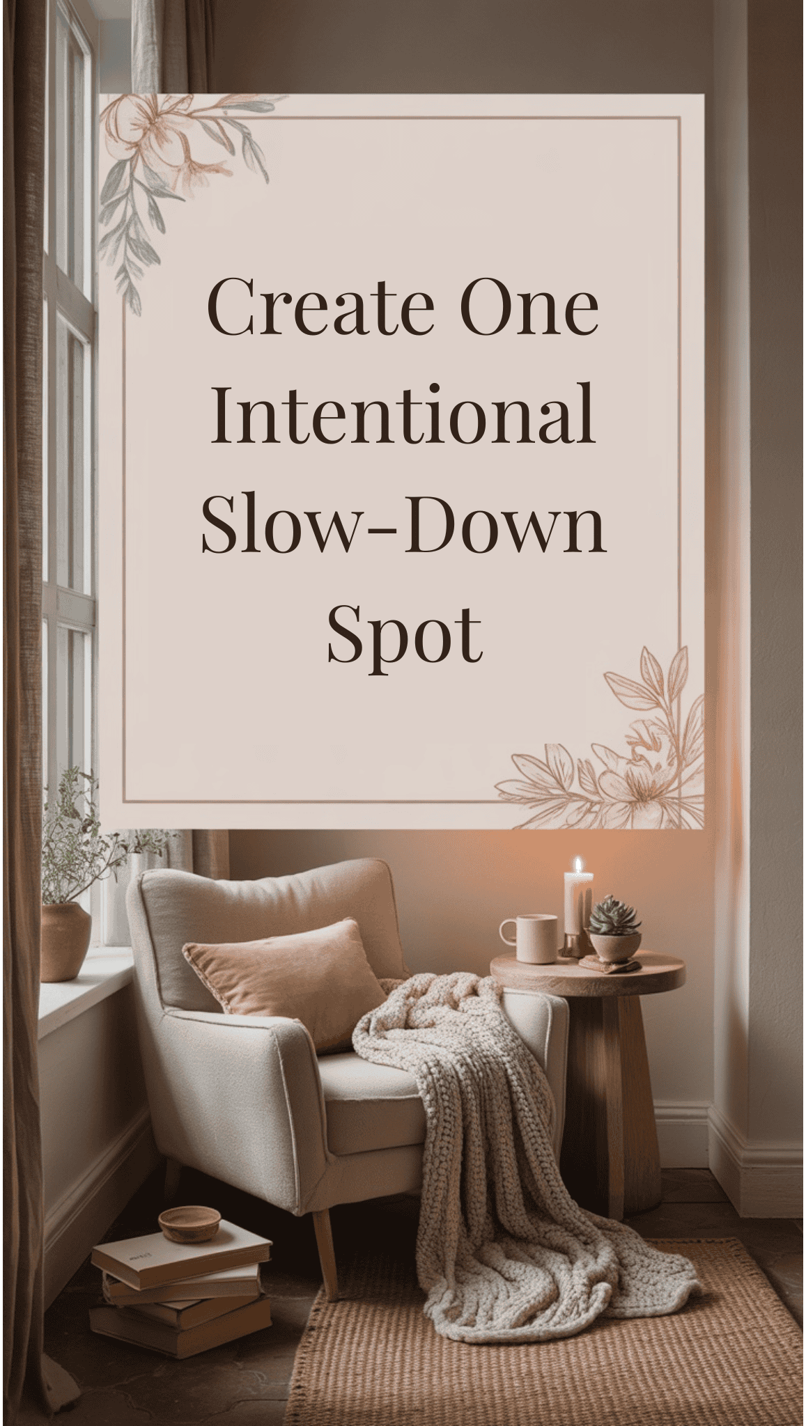 A cozy reading nook with a soft armchair, pillows, a knitted blanket, a coffee mug, candles, books, and plants by a window. Text overlay reads: Create One Intentional Slow-Down Spot. Perfect for your home sanctuary ideas and home decor inspiration.
