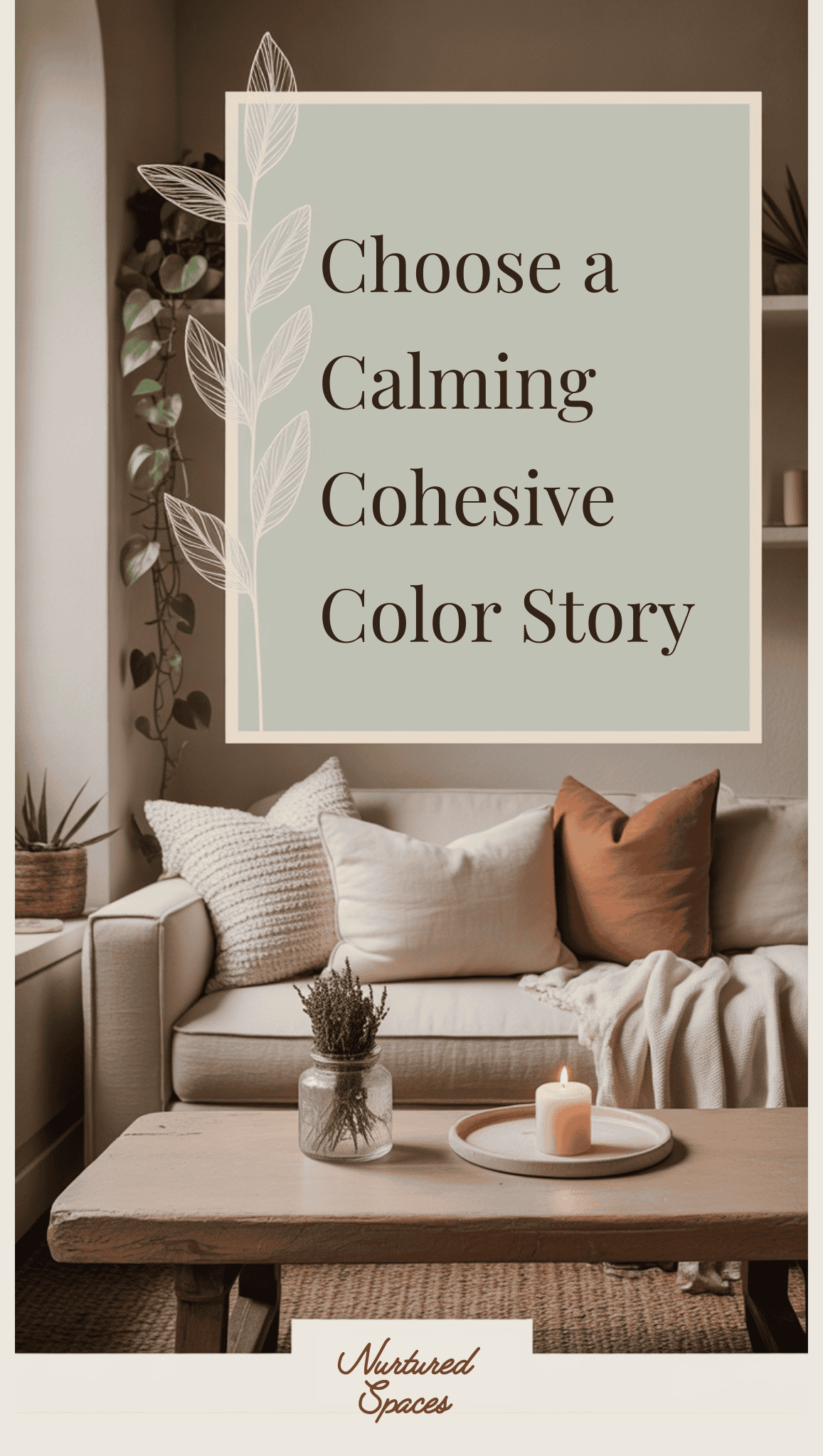 A cozy living room with neutral decor, earth-toned pillows, a knitted blanket, plants, and a lit candle on a wooden coffee table—perfect for Home Sanctuary Ideas. Text on image: Choose a Calming Cohesive Color Story.
