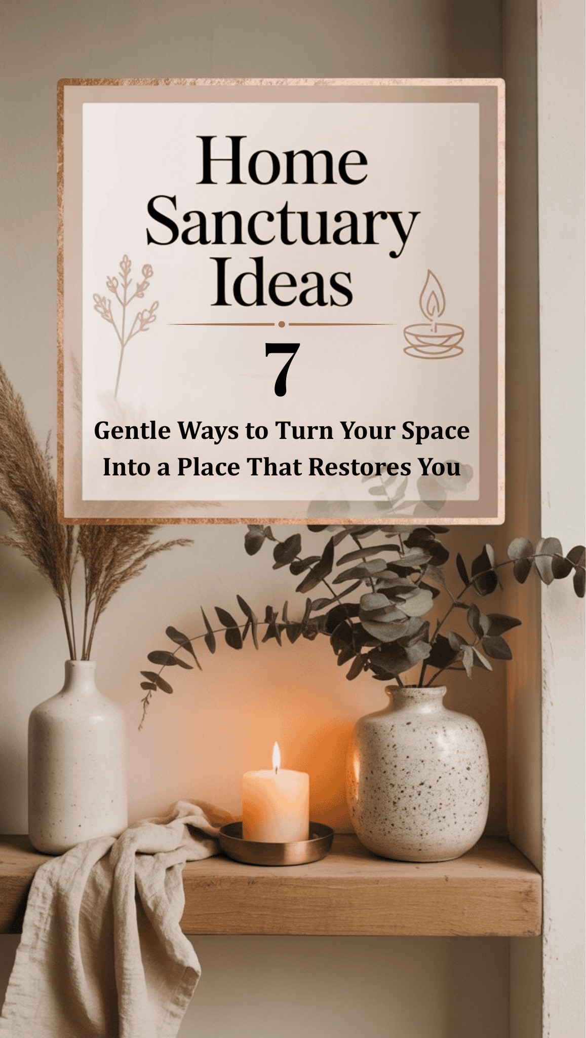 A sign reads “Home Sanctuary Ideas: 7 Gentle Ways to Turn Your Space Into a Place That Restores You.” Below, a lit candle, vases with dried plants, and a folded cloth rest on a wooden shelf—pure Home Decor Inspiration.