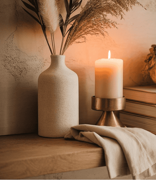 A cozy shelf displays a lit candle in a holder, books, a folded cloth, a ceramic vase with pampas grass, and a glass jar with lavender—perfect inspiration for your Home Sanctuary Ideas against a neutral wall.