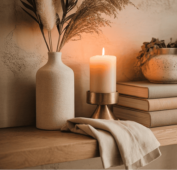 A cozy shelf displays a lit candle in a holder, books, a folded cloth, a ceramic vase with pampas grass, and a glass jar with lavender—perfect inspiration for your Home Sanctuary Ideas against a neutral wall.