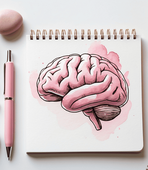 A sketchbook open to a drawing of a brain, symbolizing willpower, is surrounded by pink flowers, succulents, smooth stones, pink pens, and a closed pink notebook on a white surface.