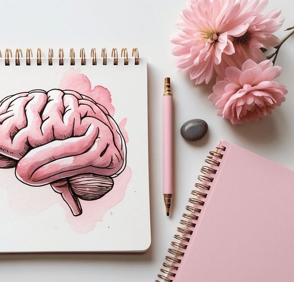 A sketchbook open to a drawing of a brain, symbolizing willpower, is surrounded by pink flowers, succulents, smooth stones, pink pens, and a closed pink notebook on a white surface.