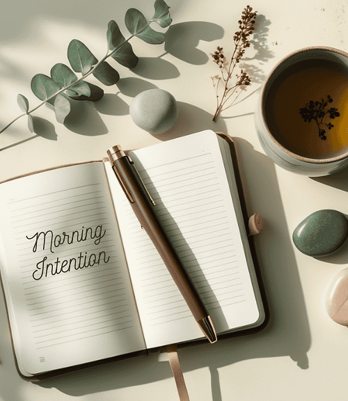 An open notebook with Morning Intention written on a page, a pen resting on it, a cup of tea, a smartphone, smooth stones, and dried leaves arranged on a light table in soft sunlight inspires mindful moments and mindfulness habits.