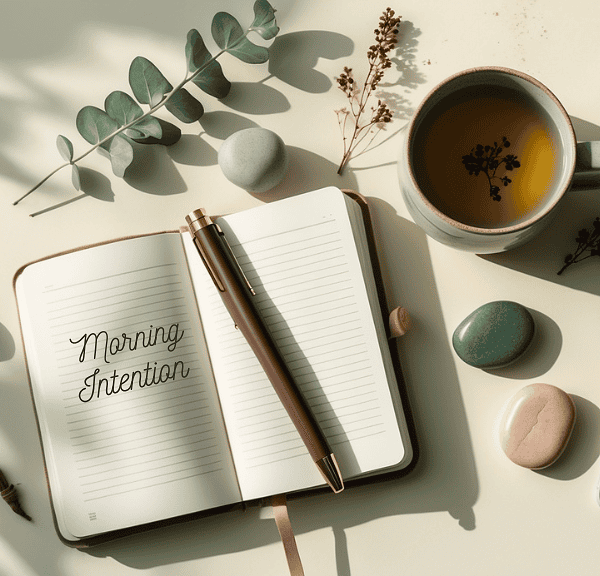 An open notebook with Morning Intention written on a page, a pen resting on it, a cup of tea, a smartphone, smooth stones, and dried leaves arranged on a light table in soft sunlight inspires mindful moments and mindfulness habits.