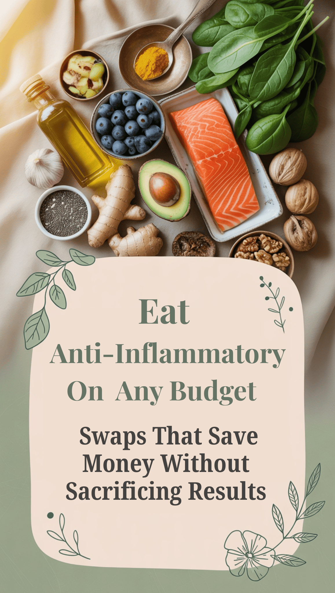A flat lay of healthy foods like salmon, spinach, blueberries, and more showcases affordable anti-inflammatory meal plan swaps—enjoy delicious options without sacrificing results.