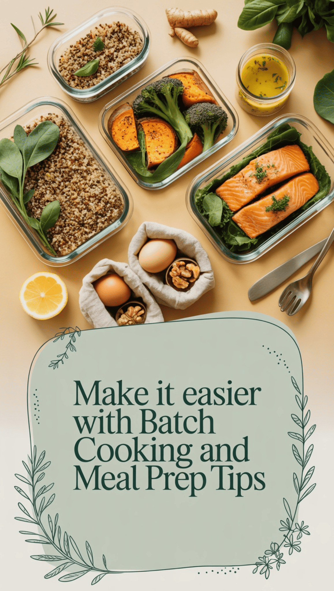 A variety of healthy meal prep foods, including salmon, quinoa, sweet potato, broccoli, spinach, eggs, walnuts, lemon, and a jar of dressing—perfect for an anti-inflammatory meal plan. Make it easier with Batch Cooking and Meal Prep Tips.