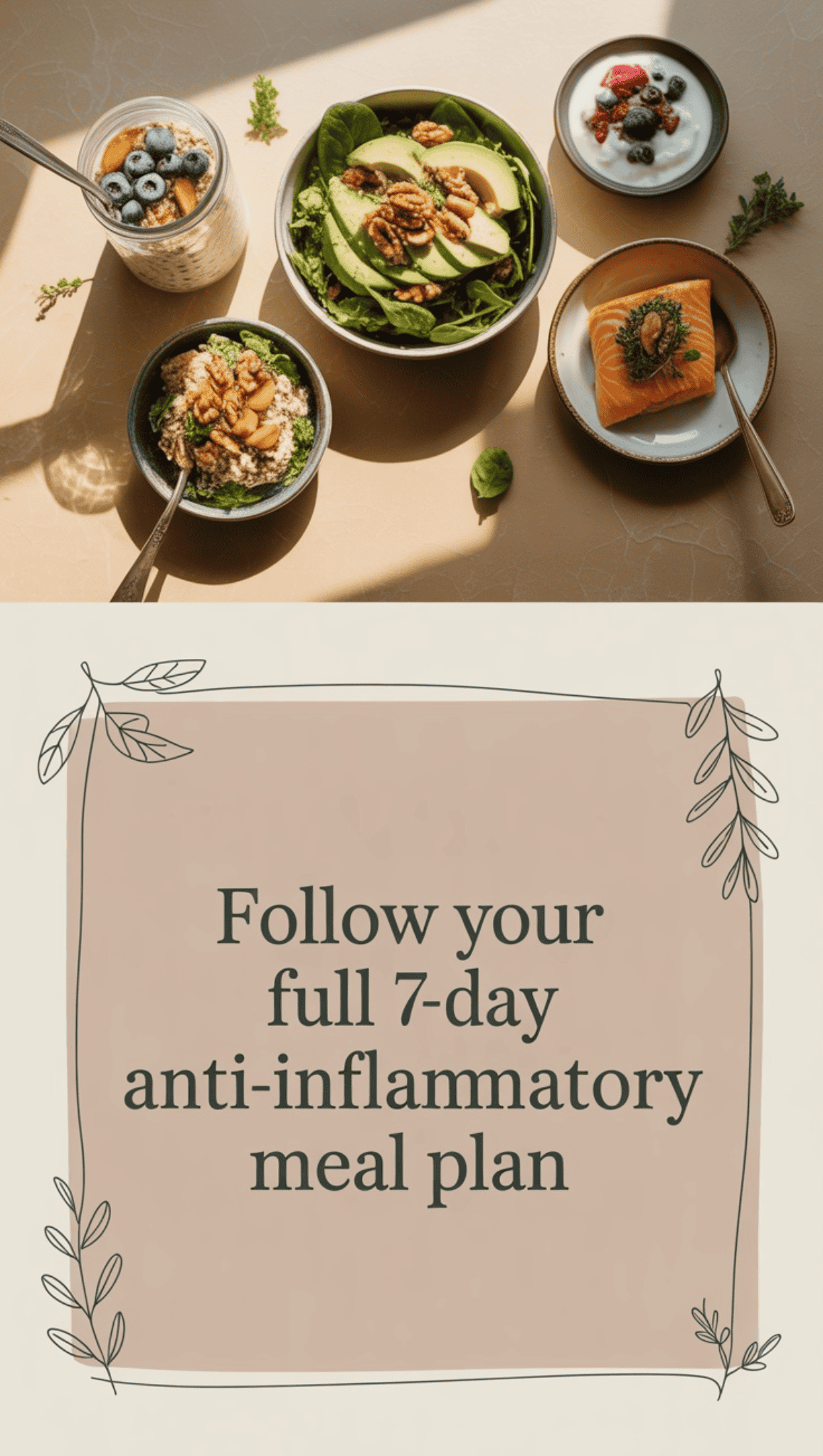 Four healthy dishes—including salads, yogurt with fruit, and a pastry—are arranged on a table in natural light. Below, text reads: Follow your full 7-day Anti-Inflammatory Meal Plan with decorative border.