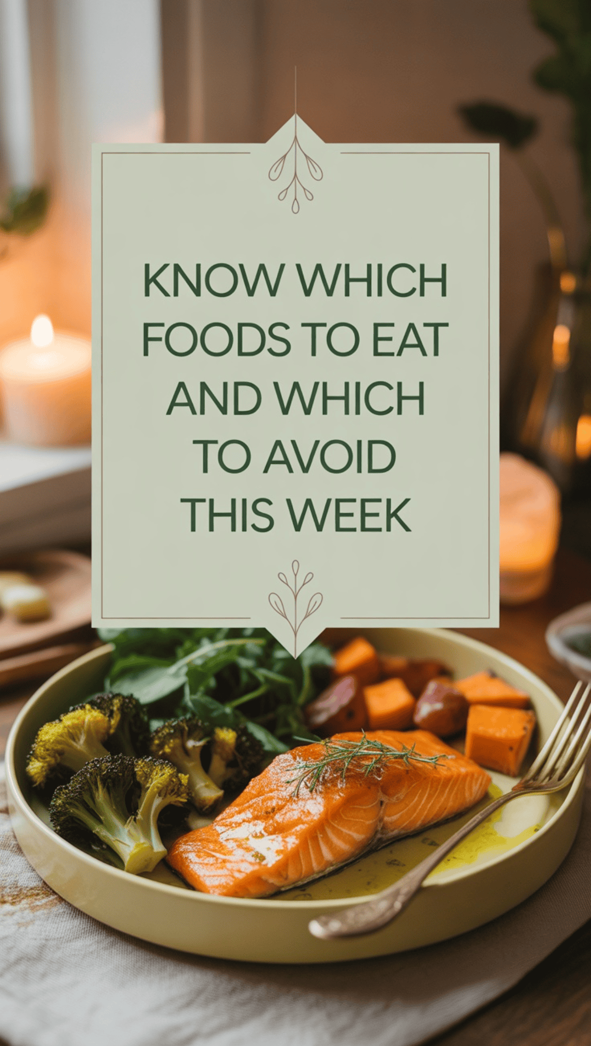 A plate with cooked salmon, roasted sweet potatoes, broccoli, and leafy greens sits on a table. Text reads: Know which foods to eat and which to avoid this week for your anti-inflammatory meal plan. The setting is cozy with candles and soft lighting.