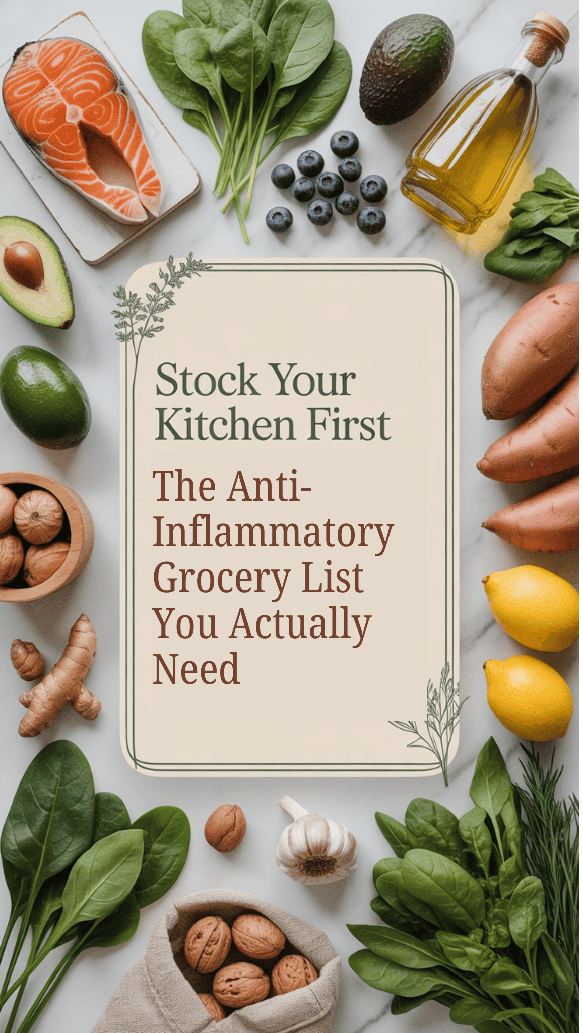A flat lay of healthy foods—salmon, leafy greens, sweet potatoes, avocados, blueberries, ginger, walnuts, olive oil, and lemons—surrounds a sign reading: Stock Your Kitchen First with This Anti-Inflammatory Grocery List for Every Meal Plan.
