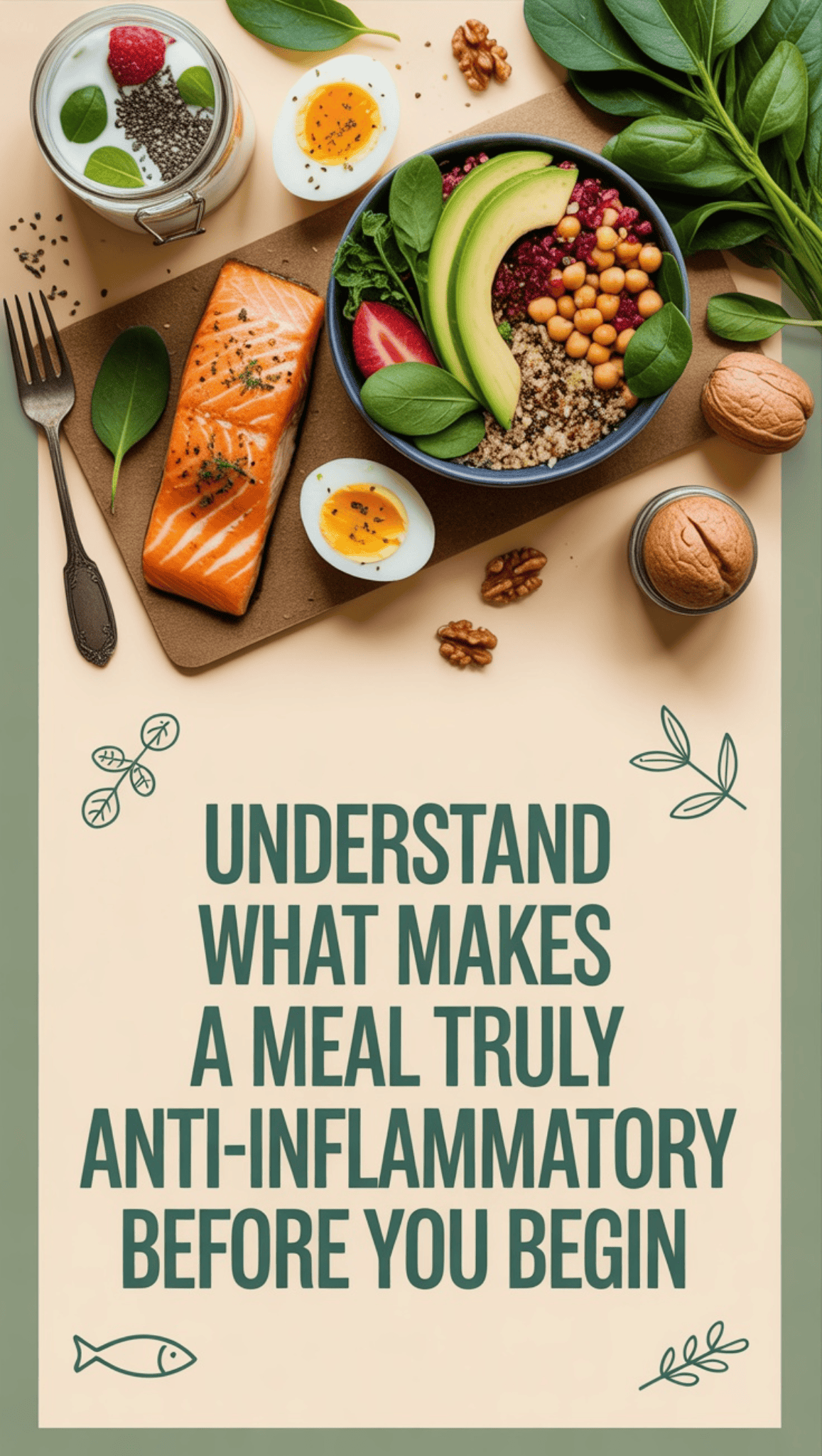 A flat lay of a meal with salmon, spinach, avocado, chickpeas, a boiled egg, walnuts, and chia pudding, with the text: “Understand what makes an Anti-Inflammatory meal plan truly effective before you begin.”.