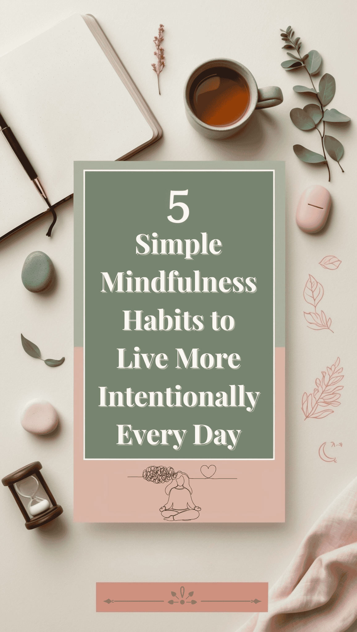 A flat lay of a notebook, cup of tea, leaves, hourglass, and pastel stones surrounds a card that reads, 5 Simple Mindfulness Habits to Live More Intentionally Every Day. Discover daily inspiration for practicing mindfulness habits.