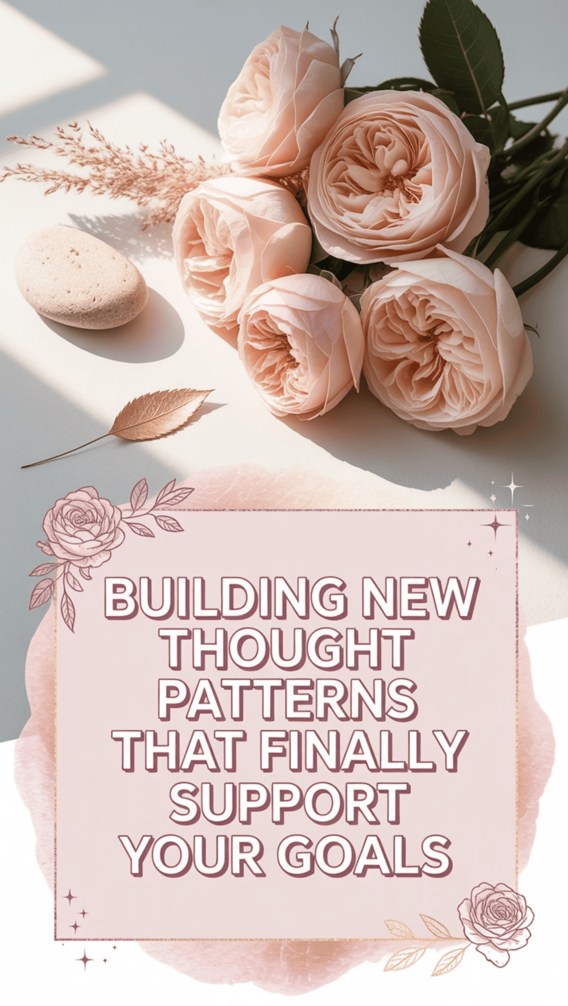 A bouquet of pale pink roses and a macaron rest on a white surface. Below, a pink box with floral illustrations contains the text: Building new thought patterns and willpower that finally support your goals.
