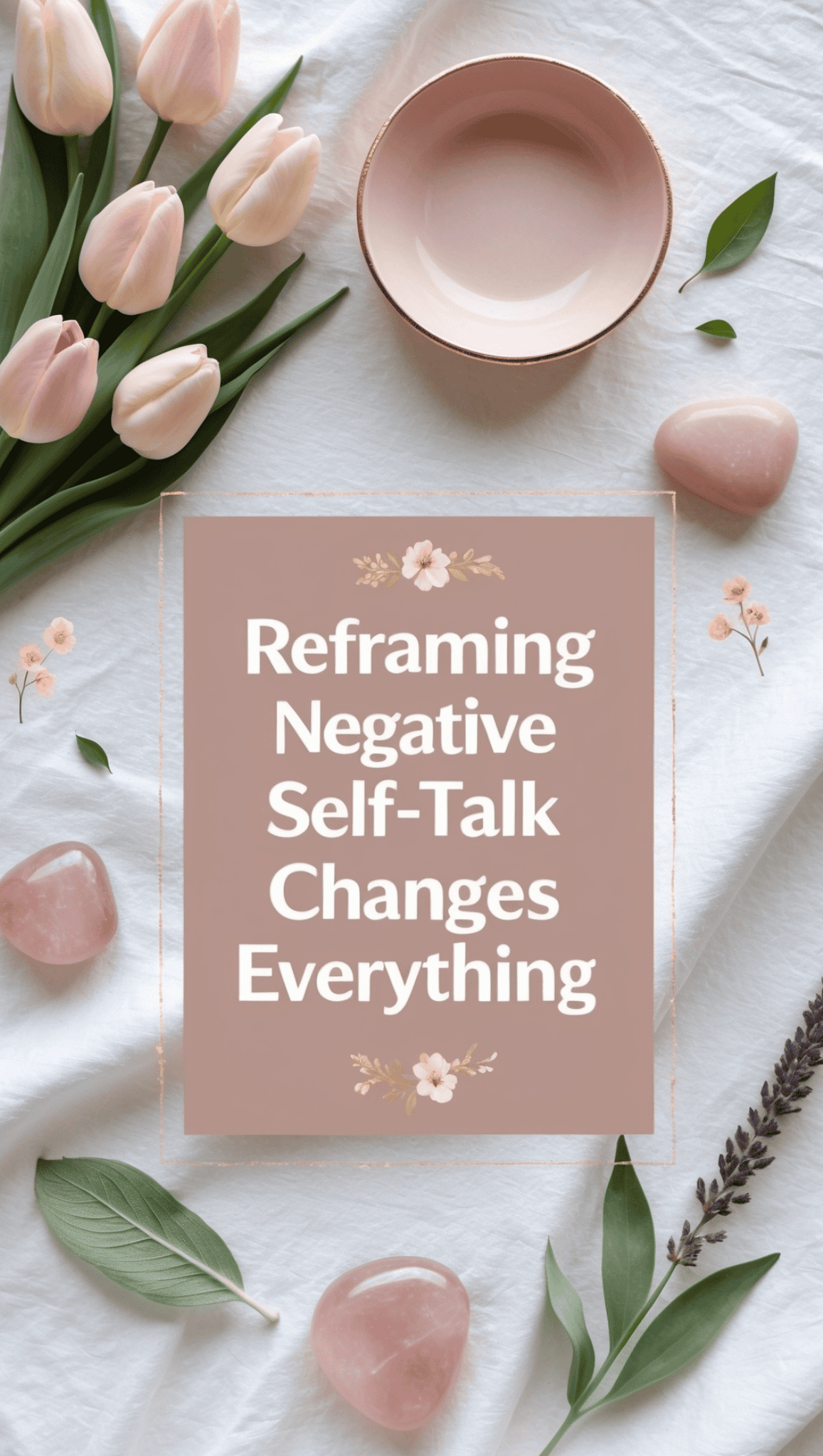 A flat lay features pink tulips, a pink bowl, rose quartz stones, and green leaves on white fabric. In the center, a mauve box reads: Reframing Negative Self-Talk Changes Everything—key for willpower in weight loss.