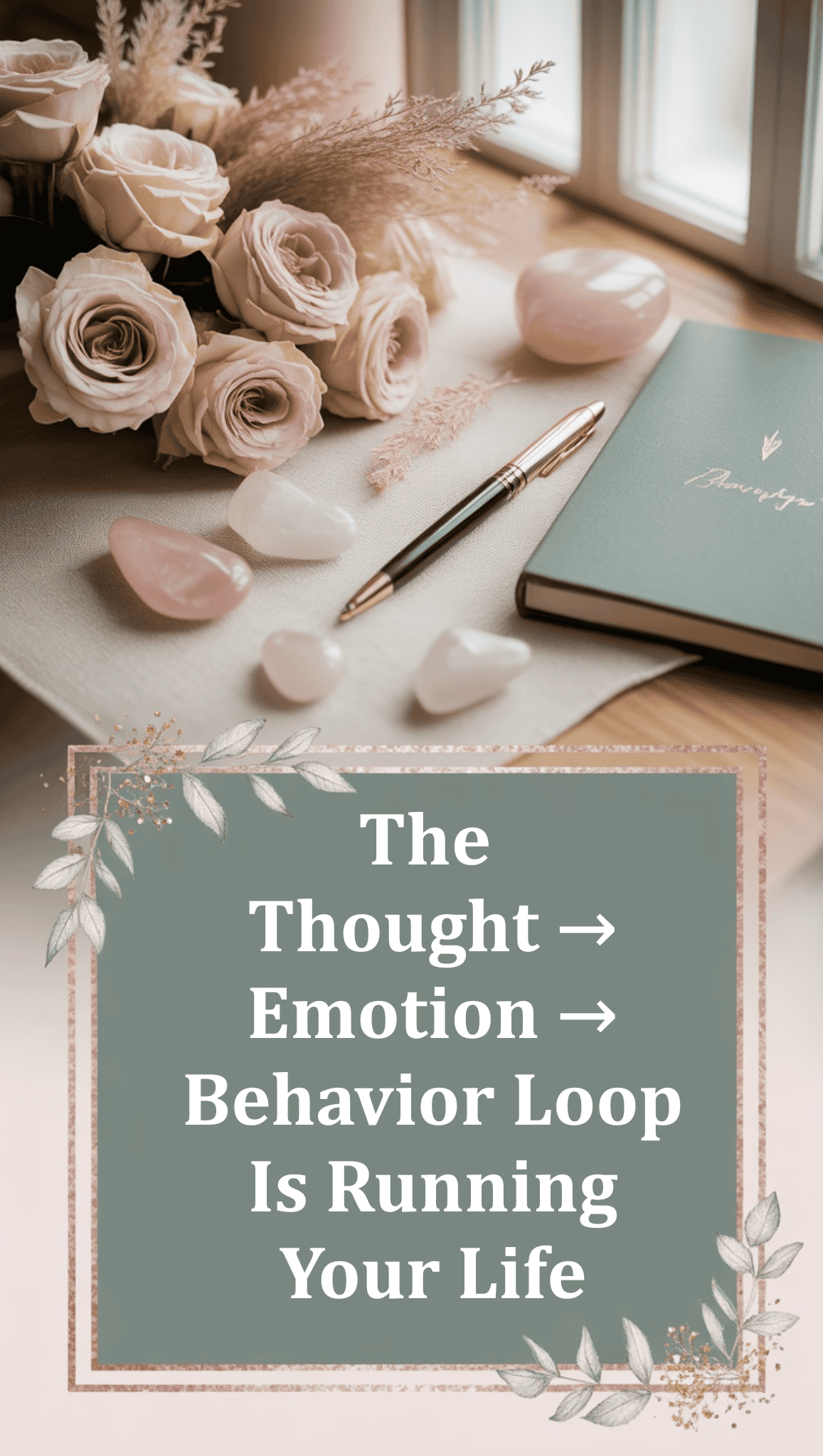 A soft, elegant desk scene with pale pink roses, crystals, a pen, and a notebook near a window. Text on a green box reads: “The Thought → Emotion → Behavior Loop Is Running Your Life—Willpower alone isn’t enough for weight loss.”.