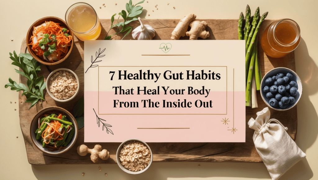 A wooden board with bowls of vegetables, oats, blueberries, drinks, asparagus, and herbs surrounds a sign that reads, 7 Healthy Gut Habits That Heal Your Body From The Inside Out for balanced wellness.