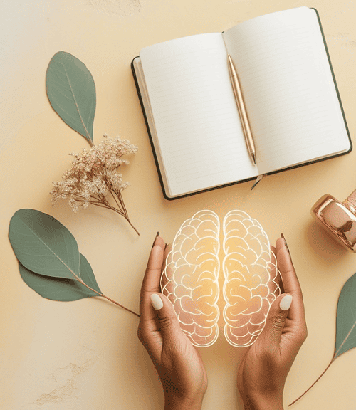 Two hands cup a glowing brain illustration, highlighting the nervous system. Nearby are a dumbbell, notebook, dried flowers, and green leaves on a light surface, symbolizing holistic mental and physical health and wellness.