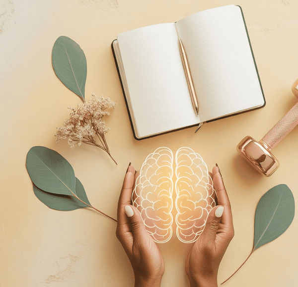 Two hands cup a glowing brain illustration, highlighting the nervous system. Nearby are a dumbbell, notebook, dried flowers, and green leaves on a light surface, symbolizing holistic mental and physical health and wellness.