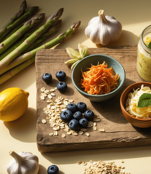 A wooden board displays ingredients for Healthy Gut Habits: a jar of sauce, shredded carrots, sauerkraut, yogurt, oats, blueberries, lemon halves, asparagus, garlic, ginger, walnuts, and a cloth pouch on a light yellow background.