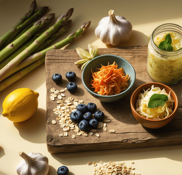 A wooden board displays ingredients for Healthy Gut Habits: a jar of sauce, shredded carrots, sauerkraut, yogurt, oats, blueberries, lemon halves, asparagus, garlic, ginger, walnuts, and a cloth pouch on a light yellow background.