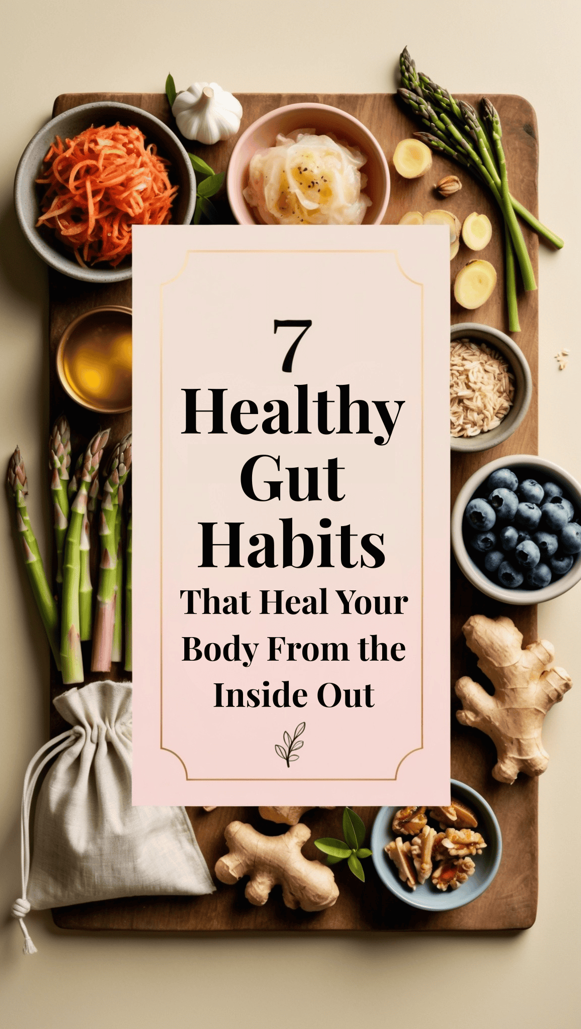 A wooden board with bowls of healthy foods like blueberries, ginger, oats, carrots, and asparagus, with text overlay: 7 Healthy Gut Habits to Heal Your Body From the Inside Out. These foods support your journey to better digestion and wellness.