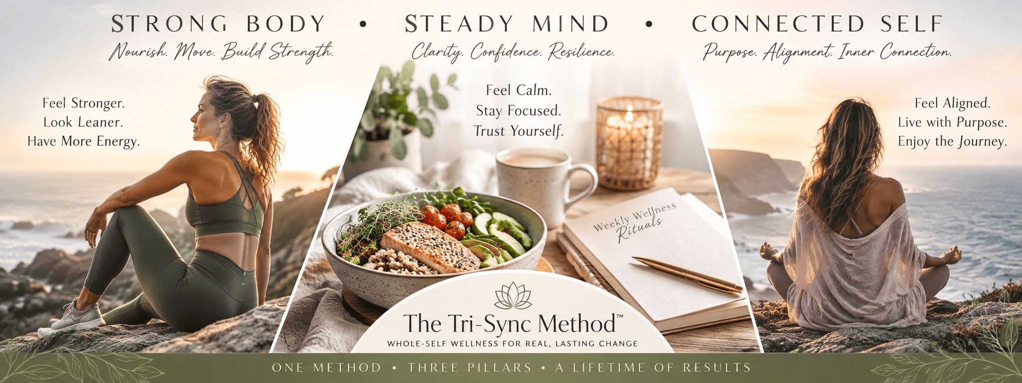 Three panels show a woman exercising, a healthy meal, and a woman meditating by water. Text highlights body strength, mental clarity, and self-connection, promoting The Tri-Sync Method for wellness and fitness. Serene, nature-inspired setting.